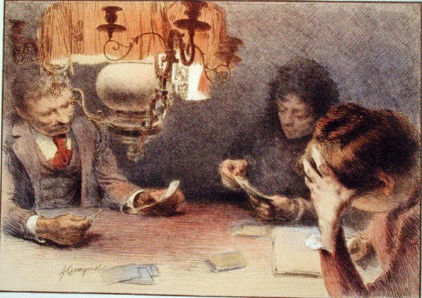 ए गेम ऑफ कार्ड्स, 'एल'एस्टाम्पे मॉडर्न' से, पेरिस 1897-99 (कलर लिथो) प्रकाशित हुआ द्वारा फ्रेंकोइस जोसेफ गुइगुएट