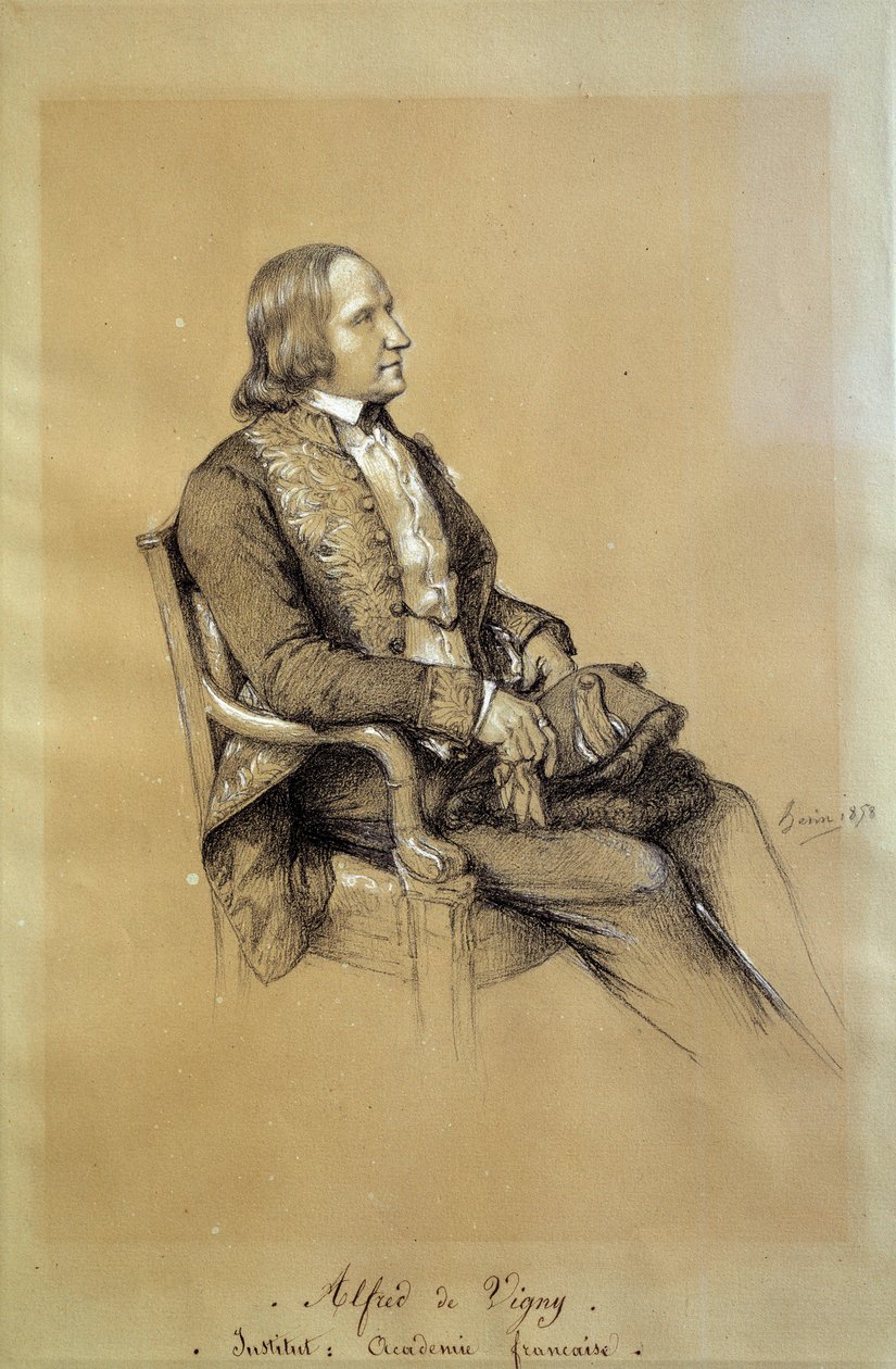 अल्फ्रेड डी विग्नी (1797 - 1863) का पोर्ट्रेट, फ्रांसीसी लेखक, नाटककार और कवि। फ्रेंकोइस जोसेफ हेम द्वारा ड्राइंग (1787-1865) द्वारा फ्रांकोइस जोसेफ हेइम