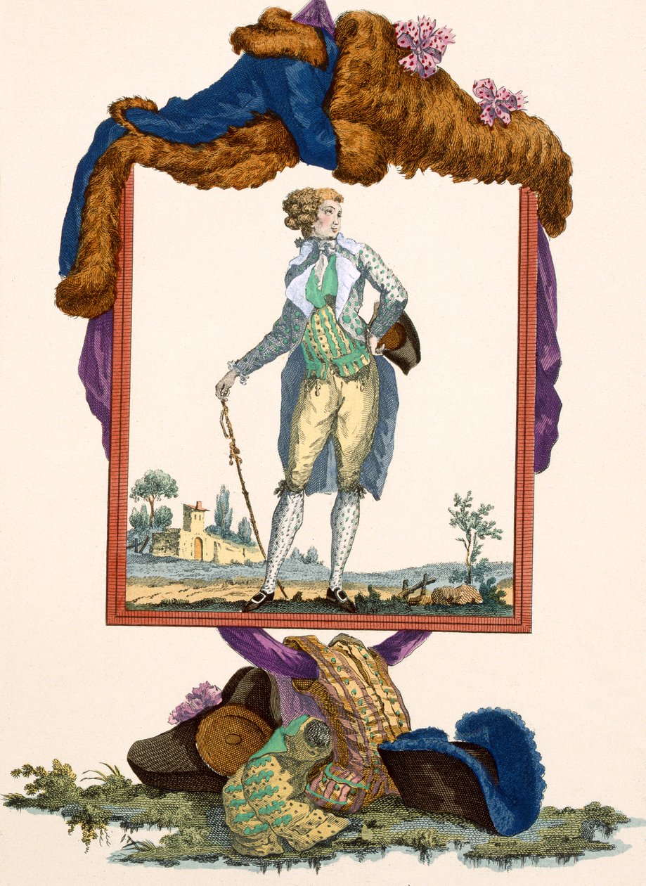 युवक ने पेंटेड कमरकोट के साथ एक सफेद रेशम की जैकेट पहनी हुई थी, जो डुपिन द्वारा उकेरी हुई थी, &39;गैलीरीज डेस मोड्स एट कॉस्ट्यूम्स फ्रेंकिस&39; से c.1778-87 द्वारा फ्रेंकोइस लुइस जोसेफ वत्तु