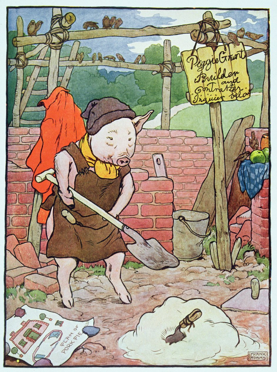 &39;और द लिटिल पिग ने ईंटों का घर बनाया&39;, 1930 के दशक में प्रकाशित &39;द थ्री लिटिल पिग्स&39; से दृष्टांत द्वारा फ्रैंक एडम्स