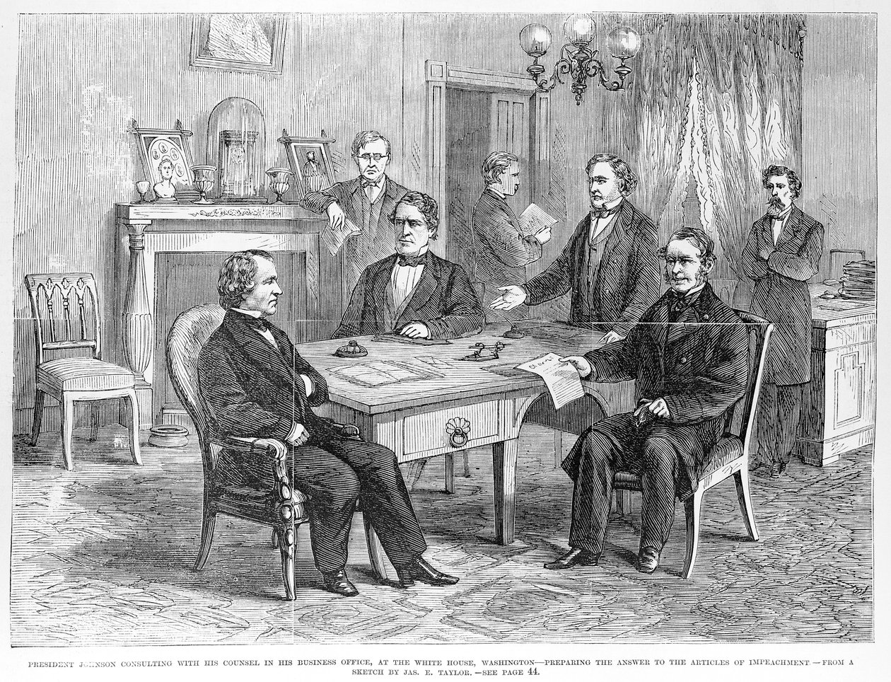 4 मई, 1868 को &39;फ्रैंक लेस्ली इलस्ट्रेटेड न्यूजपेपर&39; से राष्ट्रपति जॉनसन (1808-75) ने अपने वकील के साथ परामर्श द्वारा फ्रैंक लेस्ली