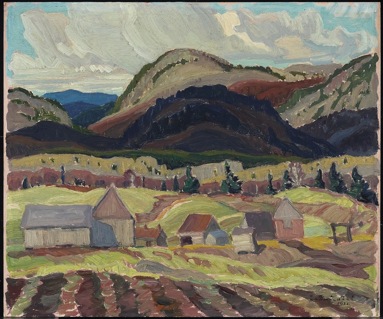 फार्म बिल्डिंग, ला क्लोच, 1932 (टुकड़े टुकड़े में पेपरबोर्ड पर तेल) द्वारा फ्रैंकलिन कारमाइकल