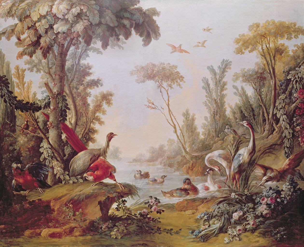 गिल्स डेमार्टो (1722-76) के सैलून से गेस, सारस, तोते और बगुलों के साथ झील c.1750-65 द्वारा फ्रांकोइस बाउचर