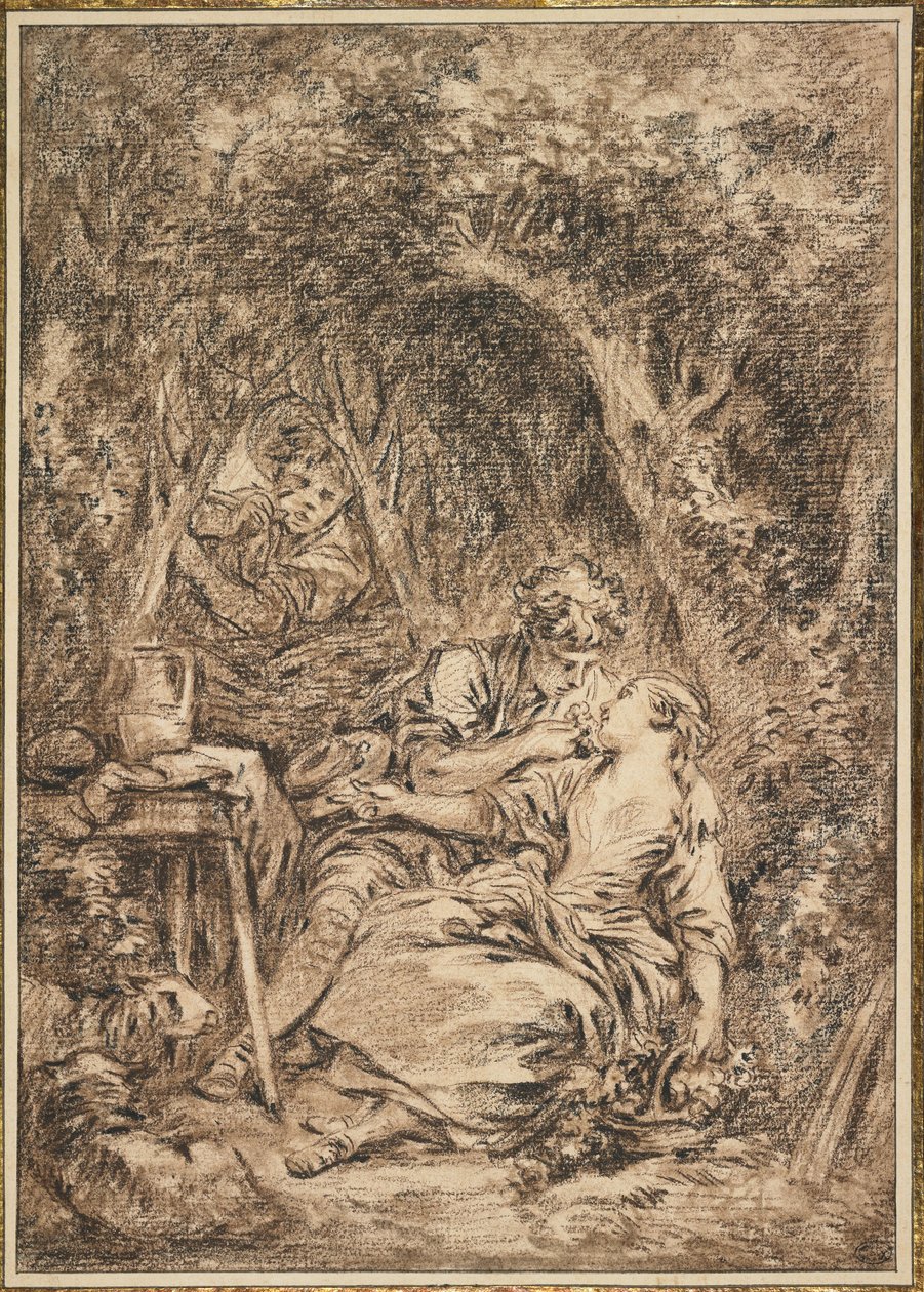 प्रेमी हैरान (एनेट एट ल्यूबिन), 1760 के दशक की शुरुआत (भूरे रंग के अनचाहे काले चाक, भूरे रंग के कपड़े के स्पर्श) द्वारा फ्रांकोइस बाउचर