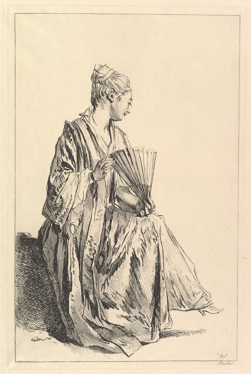 बैठने वाली महिला, दाईं ओर प्रोफाइल में, पंखा खेलते हुए, 1720-70। द्वारा फ्रांकोइस बाउचर