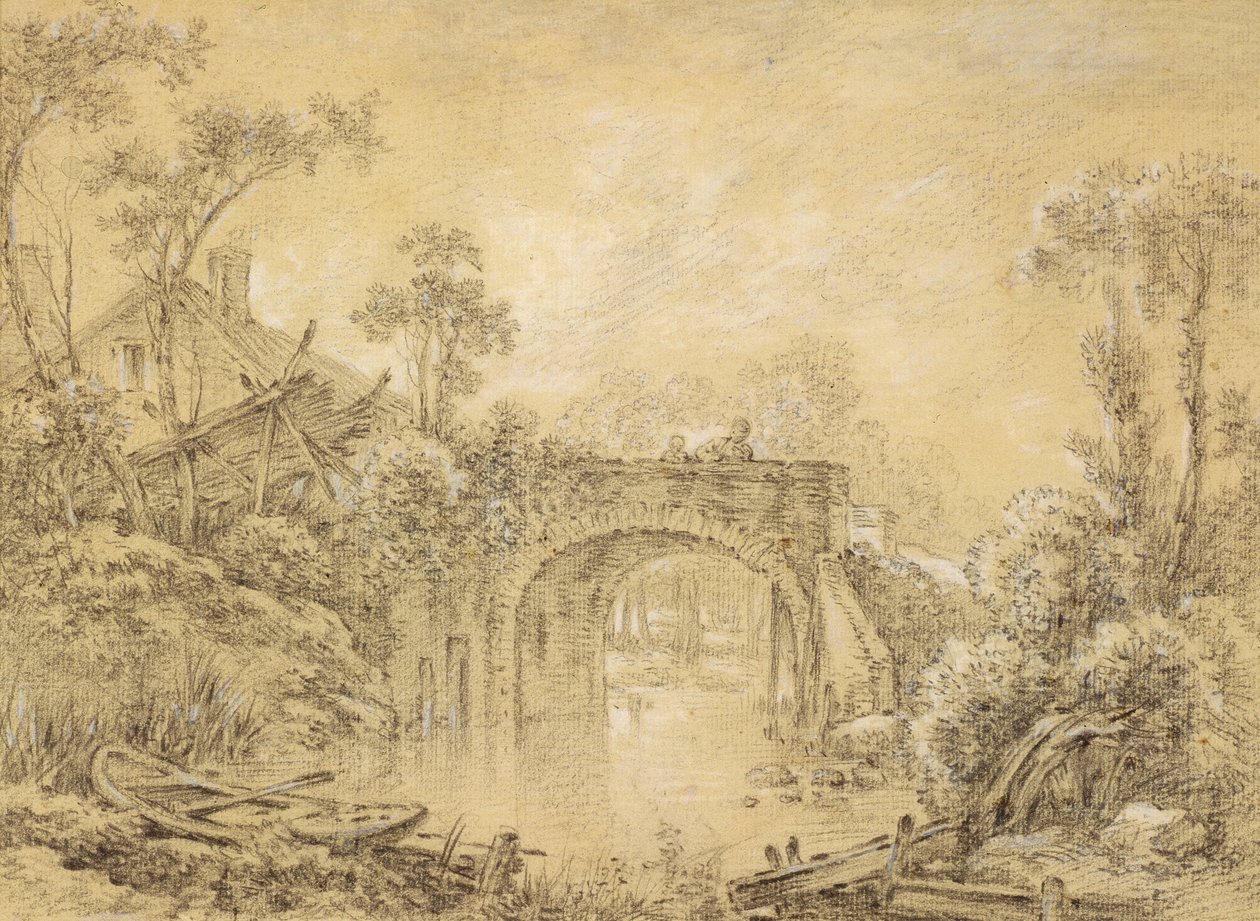 एक रस्टिक ब्रिज के साथ लैंडस्केप, c.1740 (क्रीम बिछाए गए कागज पर सफेद रंग के साथ काला चाक) द्वारा फ्रांकोइस बाउचर