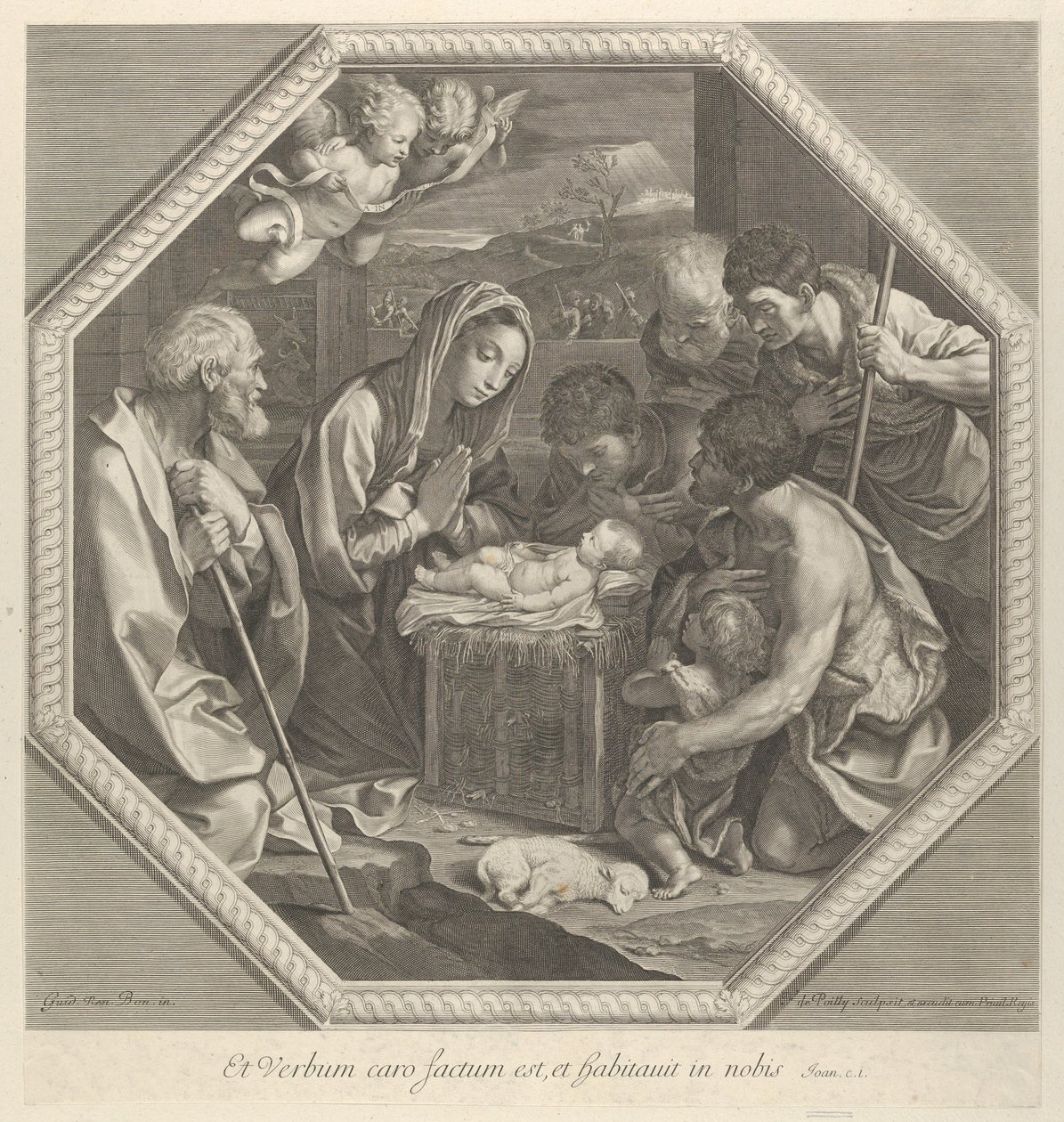 चरवाहों की आराधना जो शिशु मसीह के ठीक सामने एक साथ घुटने टेकते हैं..., ca. 1655-93। द्वारा फ्रांकोइस डे पोली