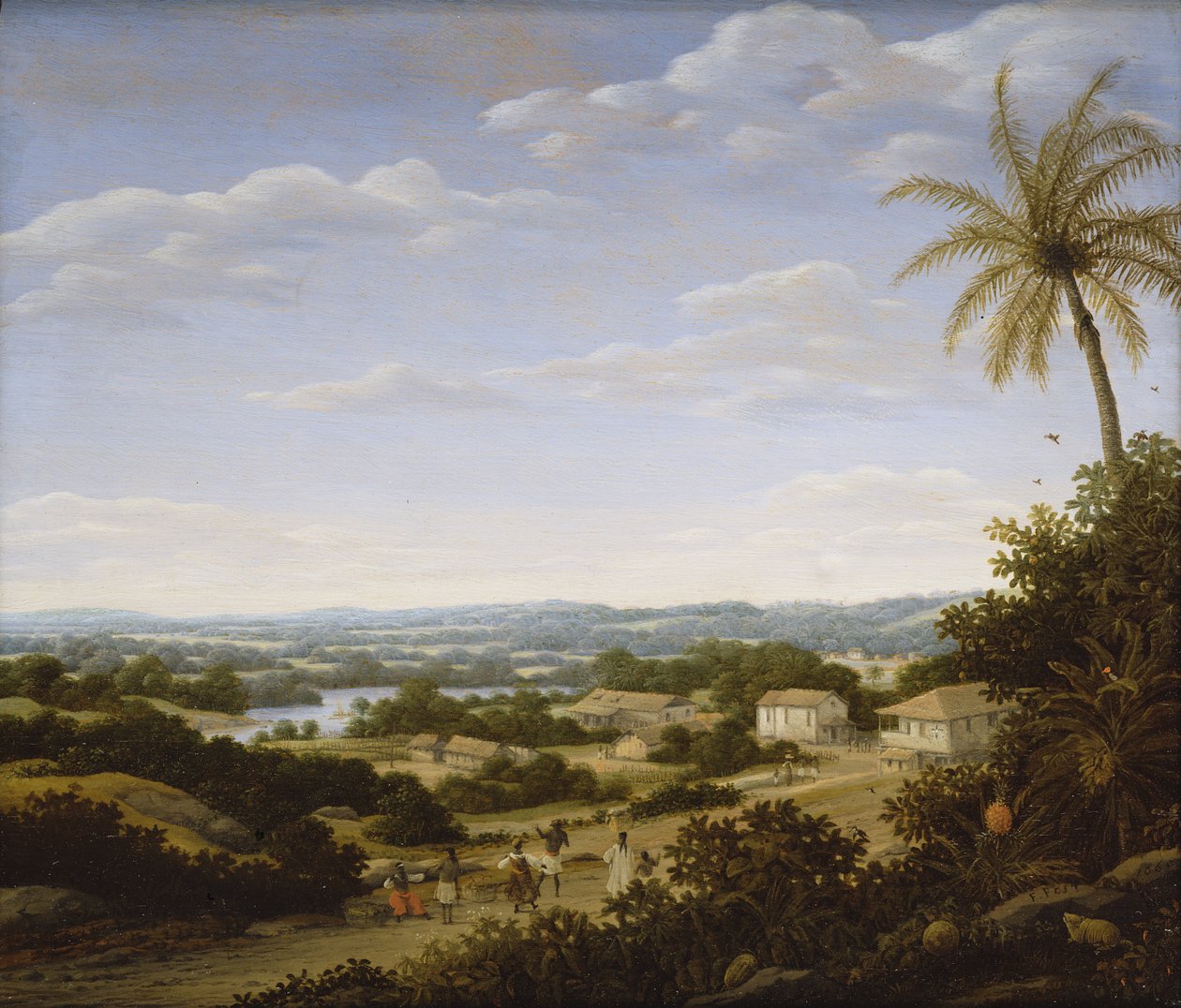 एक गाँव के निकट सड़क पर मूल निवासी के साथ ब्राजील का परिदृश्य, 1665 द्वारा फ़्रैन की पोस्ट
