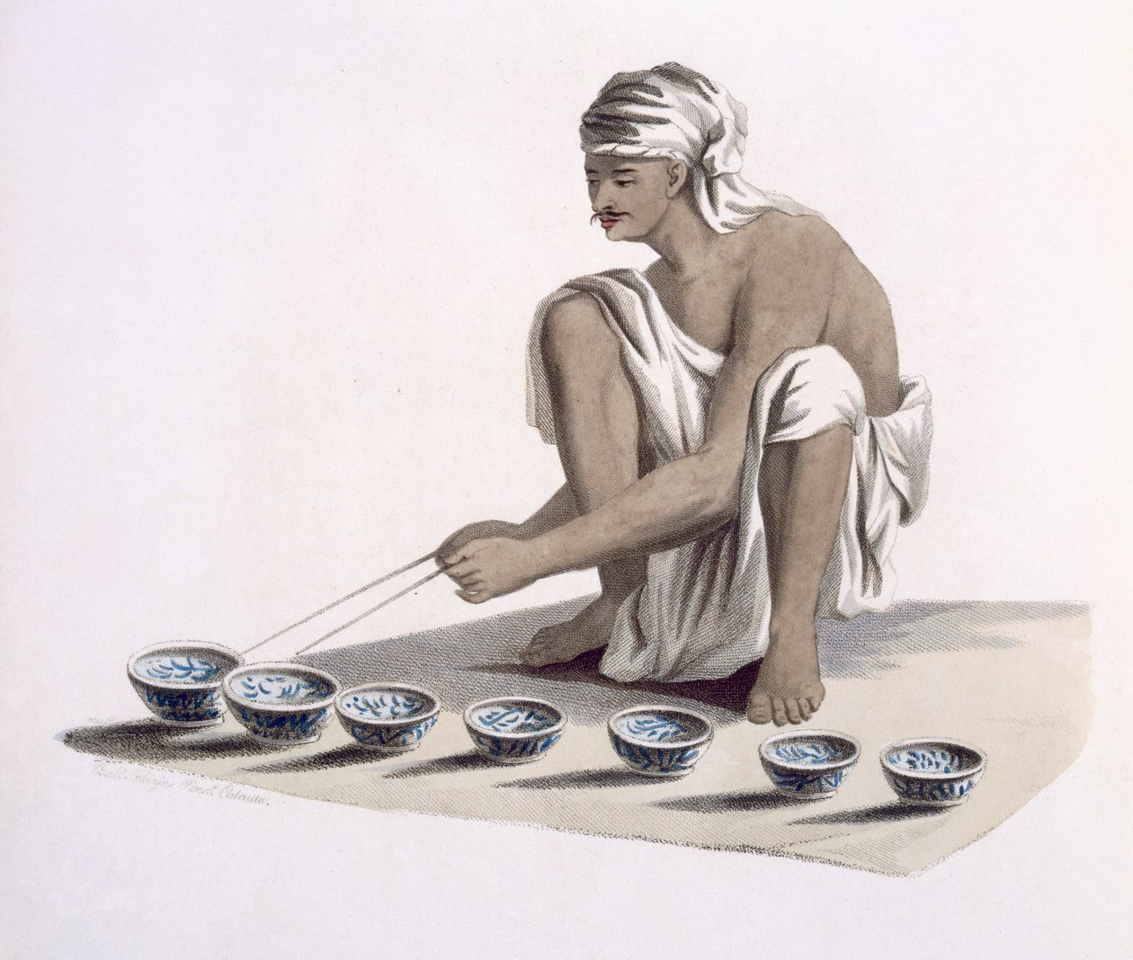 Jultrung: ई। Orme, 1804 (रंगीन नक़्क़ाशी) द्वारा &39;कॉस्ट्यूम ऑफ़ इंडिया&39; से एक हारमोनिका जैसी ध्वनि पैदा करने के लिए विभिन्न आकार के चाइना कप पर खेलना द्वारा फ्रांज बल्थजार सोल्विनस