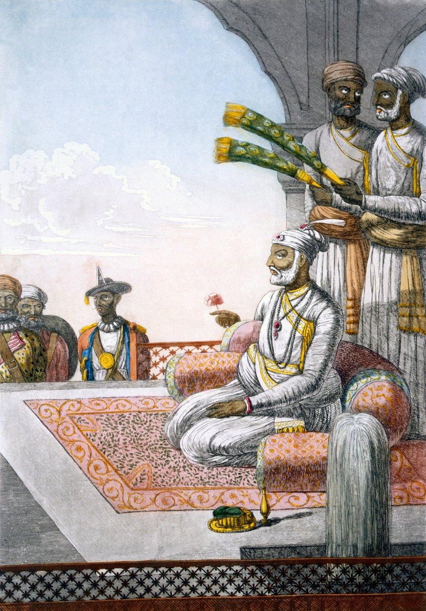 राहजाह में परिचारकों के साथ, &39;द हिंदूस या उनके रीति-रिवाजों का विवरण&39; सेरेमनी में सीमा शुल्क &39;, पब। 1808-12 (रंगीन नक़्क़ाशी) द्वारा फ्रांज बल्थजार सोल्विनस
