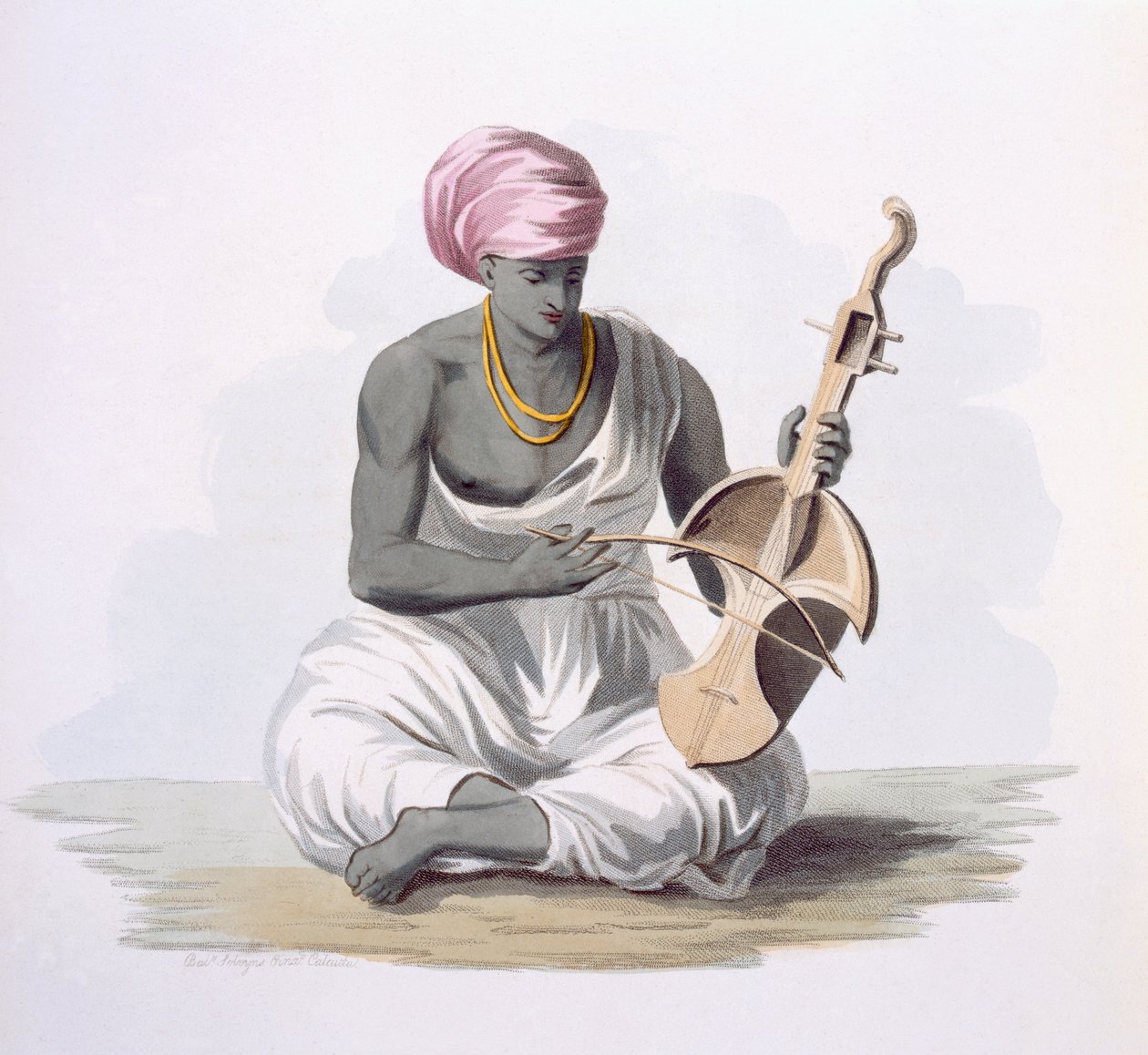 ई। ऑर्मे, 1804 (रंगीन नक़्क़ाशी) द्वारा &39;कॉस्टयूम ऑफ़ इंडिया&39; से एक सारिंडा, या हिंदोस्तान टाइप वायलिन द्वारा फ्रांज बल्थजार सोल्विनस