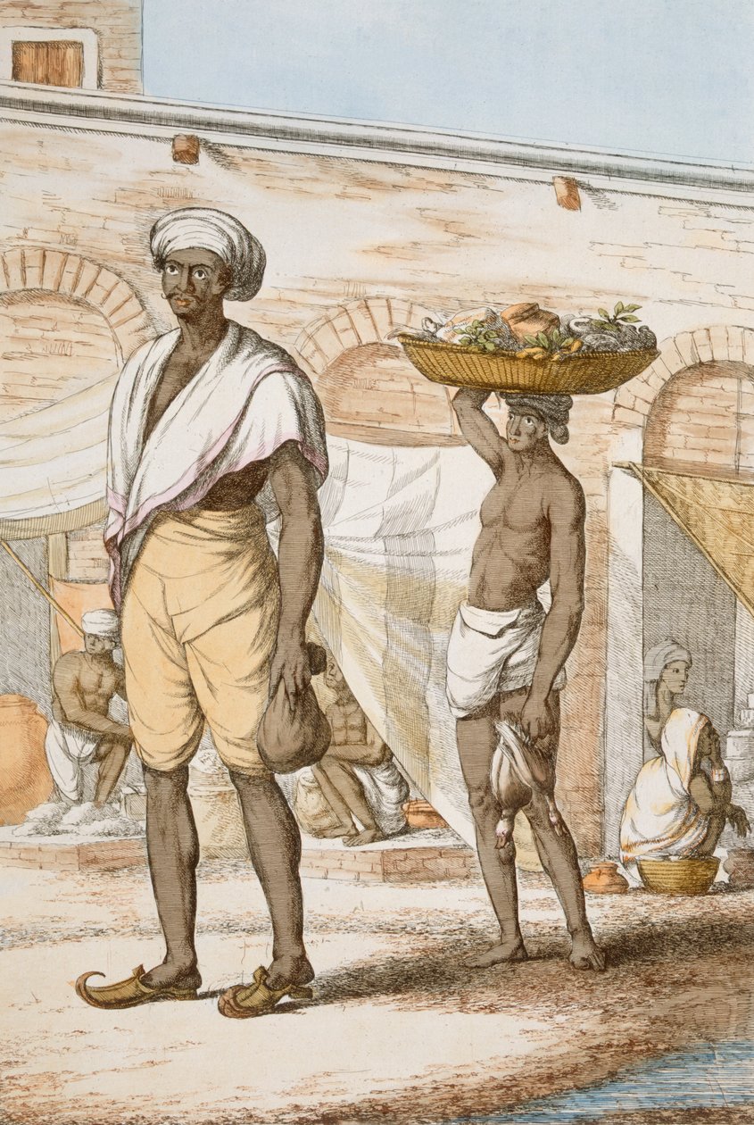 हिंदू वैलेट या भोजन के खरीदार, &39;द हिंदू, या उनके मैनर्स, वेशभूषा और समारोहों का विवरण&39; से, c.1808-12 (रंगीन नक़्क़ाशी) द्वारा फ्रांज बल्थजार सोल्विनस