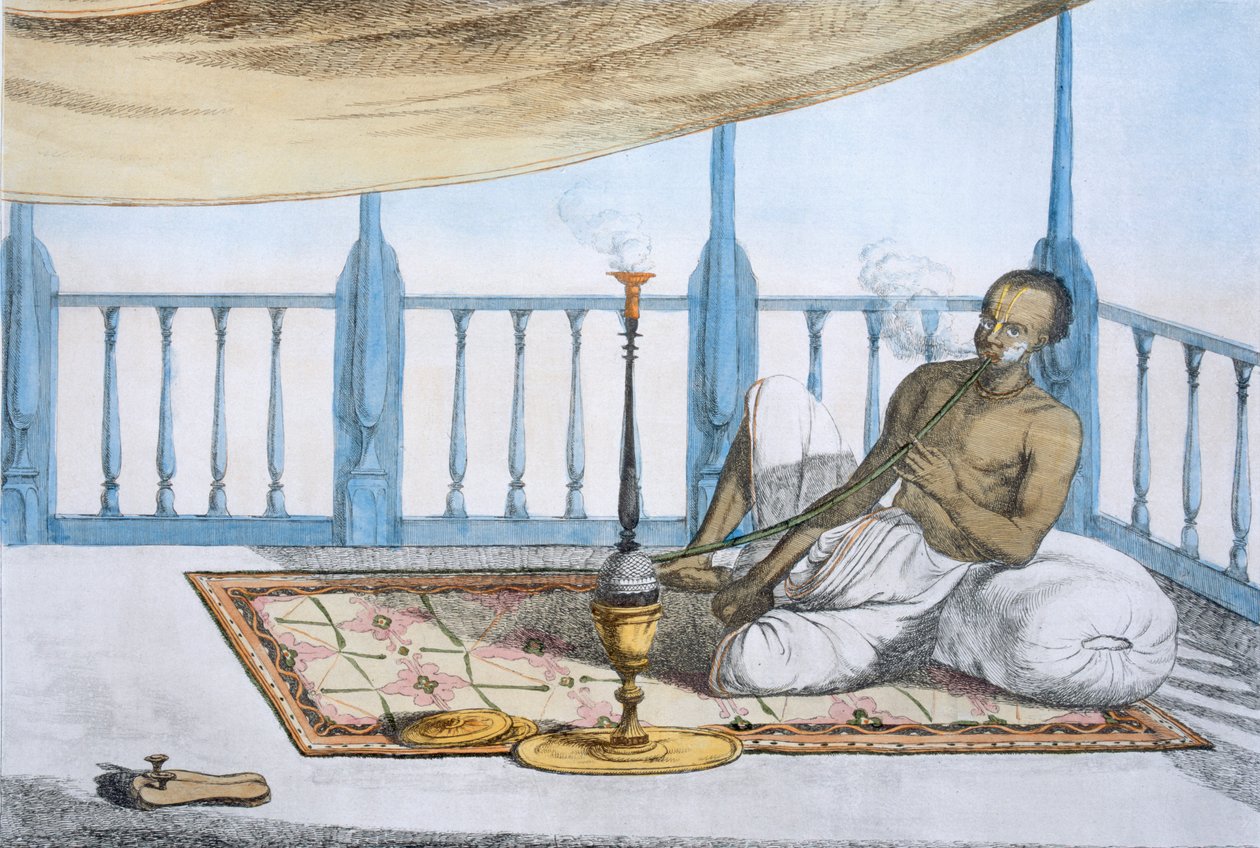 हशीश या अफीम का हुक्का पीता आदमी, पब। 1808-12। द्वारा फ्रांज बल्थजार सोल्विनस