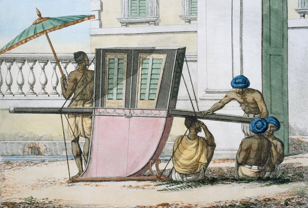 पलानकिन सीट, &39;द मैनर्स, कस्टम्स एंड ड्रेसेस ऑफ द हिंदू&39; से, 1799 (रंगीन नक़्क़ाशी) द्वारा फ्रांज बल्थजार सोल्विनस