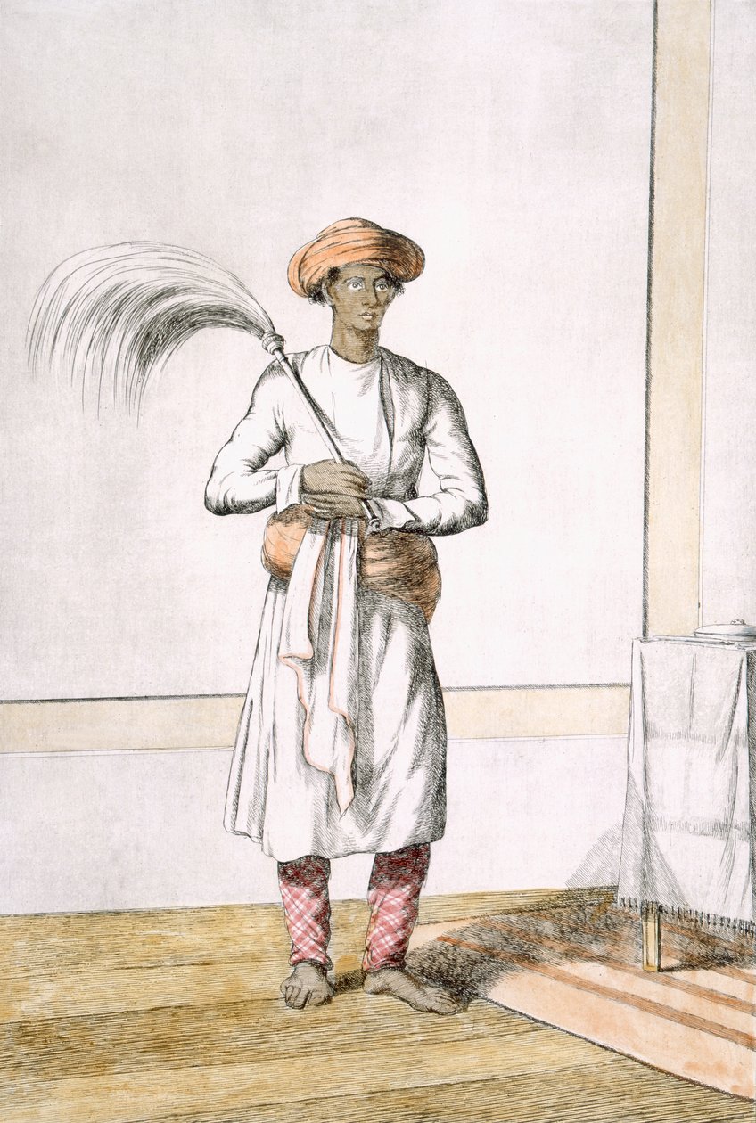 व्हिस्क बियरर, &39;द हिंदूज़, या उनके मैनर्स, कॉस्ट्यूम्स और सेरेमनीज़ का विवरण&39; से, c.1808-12 (रंगीन नक़्क़ाशी) द्वारा फ्रांज बल्थजार सोल्विनस