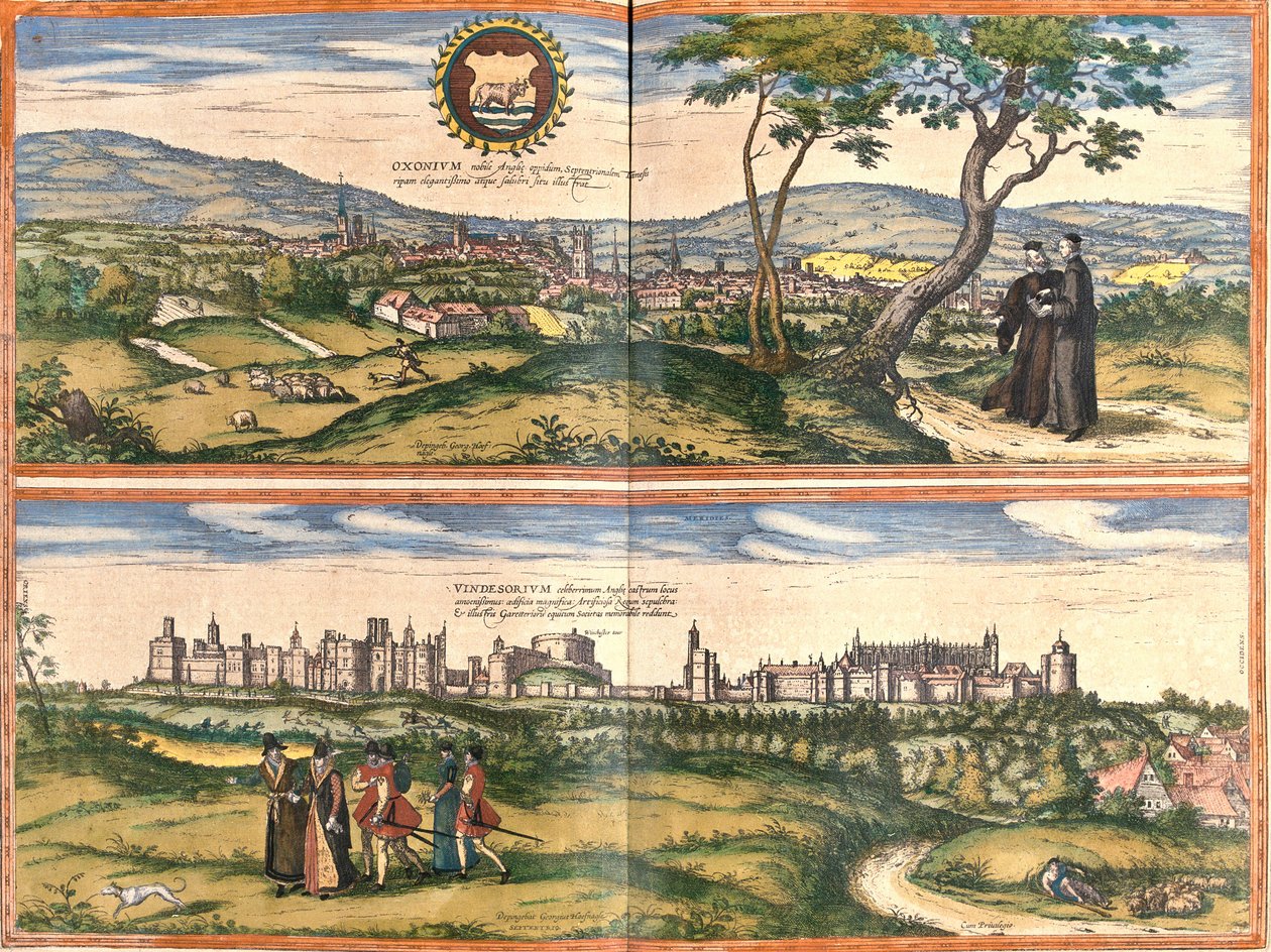 ऑक्सफोर्ड (ऑक्सोनियम) और विंडसर (विंडेसोरियम), इंग्लैंड (नक़्क़ाशी) के दृश्य द्वारा फ्रांज होजेनबर्ग