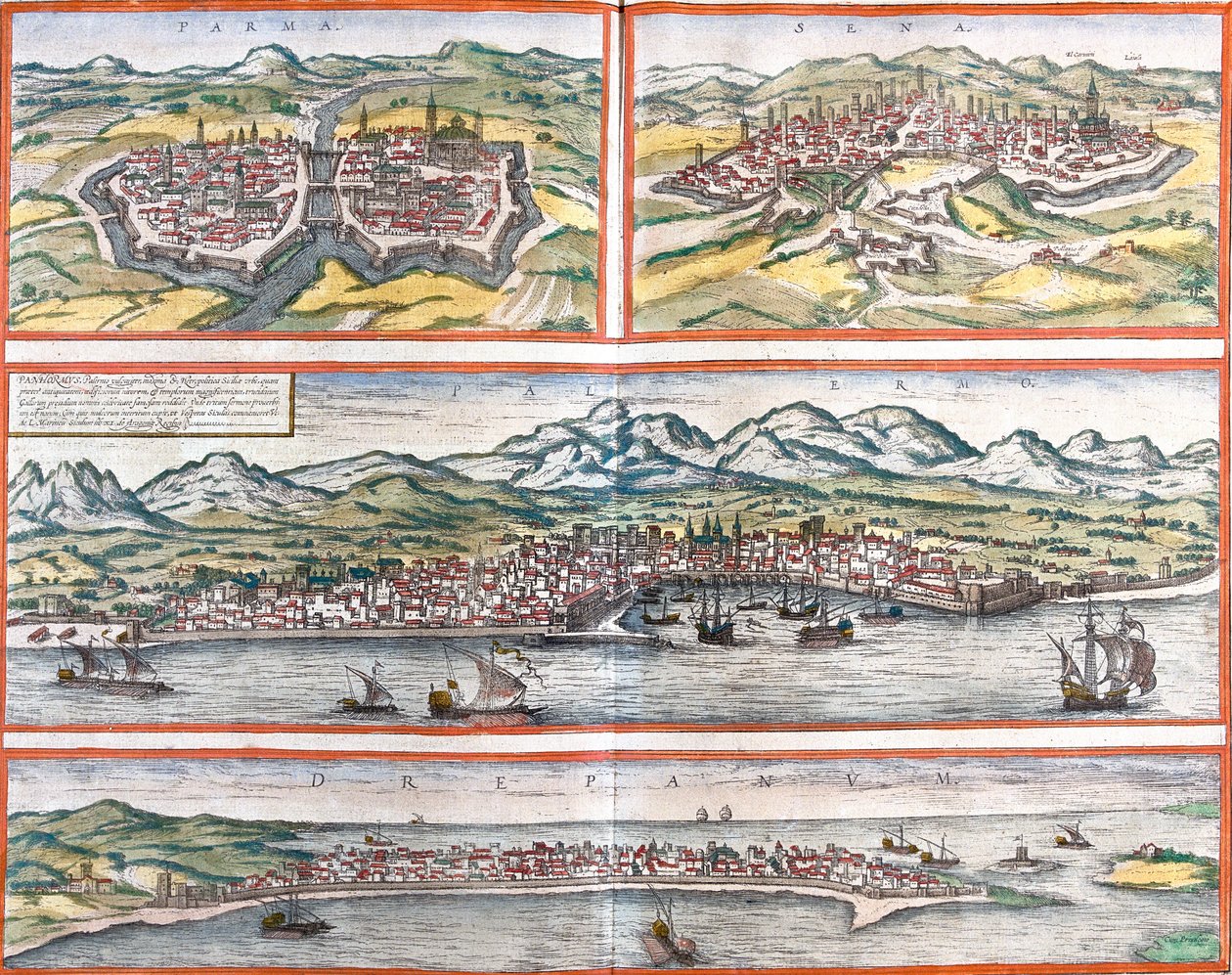 पर्मा (पर्मा), सिएना (सेना), पलेर्मो (पैनहोर्मस) और ट्रैपानी (ड्रेपनम) (सिसिली), इटली (नक़्क़ाशी) के दृश्य द्वारा फ्रांज होजेनबर्ग