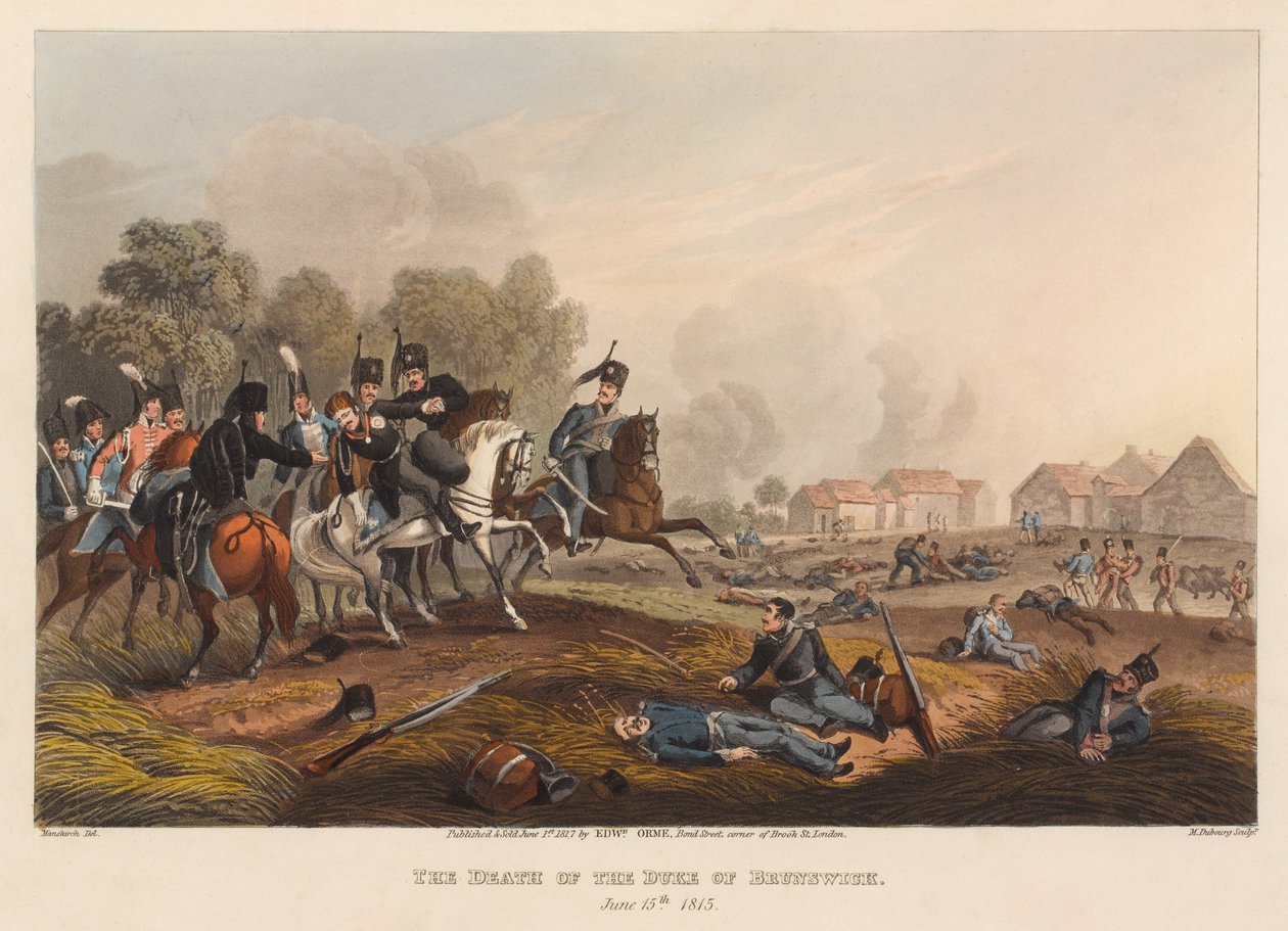'द डेथ ऑफ द ड्यूक ऑफ ब्रंसविक, 15 जून [sic] 1815'। (प्रिंट) द्वारा फ्रांज जोसेफ (बाद में) मैनस्किर