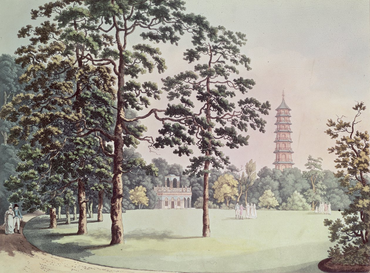हेनरिक जोसेफ शूत्ज़ (1760-1822), c.1798 (एक्वाटिंट) द्वारा उकेरे गए अल्हाम्बरा और पैगोडा के केव गार्डन में एक दृश्य द्वारा फ्रांज जोसेफ मैनस्किर