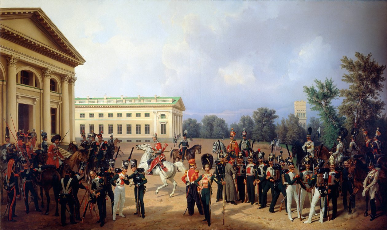 1832, 1841 में Tsarskoye Selo में इंपीरियल रूसी गार्ड। द्वारा फ्रांज क्रूगर