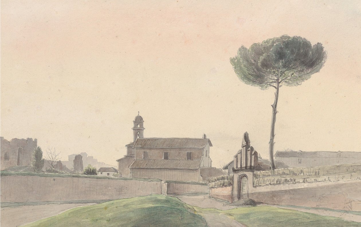 1834 में दक्षिण से रोम के सैन पंक्राज़ियो के चर्च का दृश्य। द्वारा फ्रांज लुडविग कैटेल