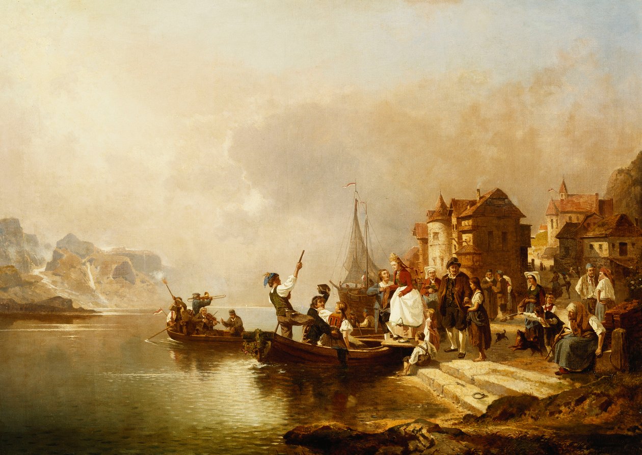 ए बोट पार्टी बोर्डिंग अ बोट, 1864 द्वारा फ्रांज रिचर्ड Unterberger