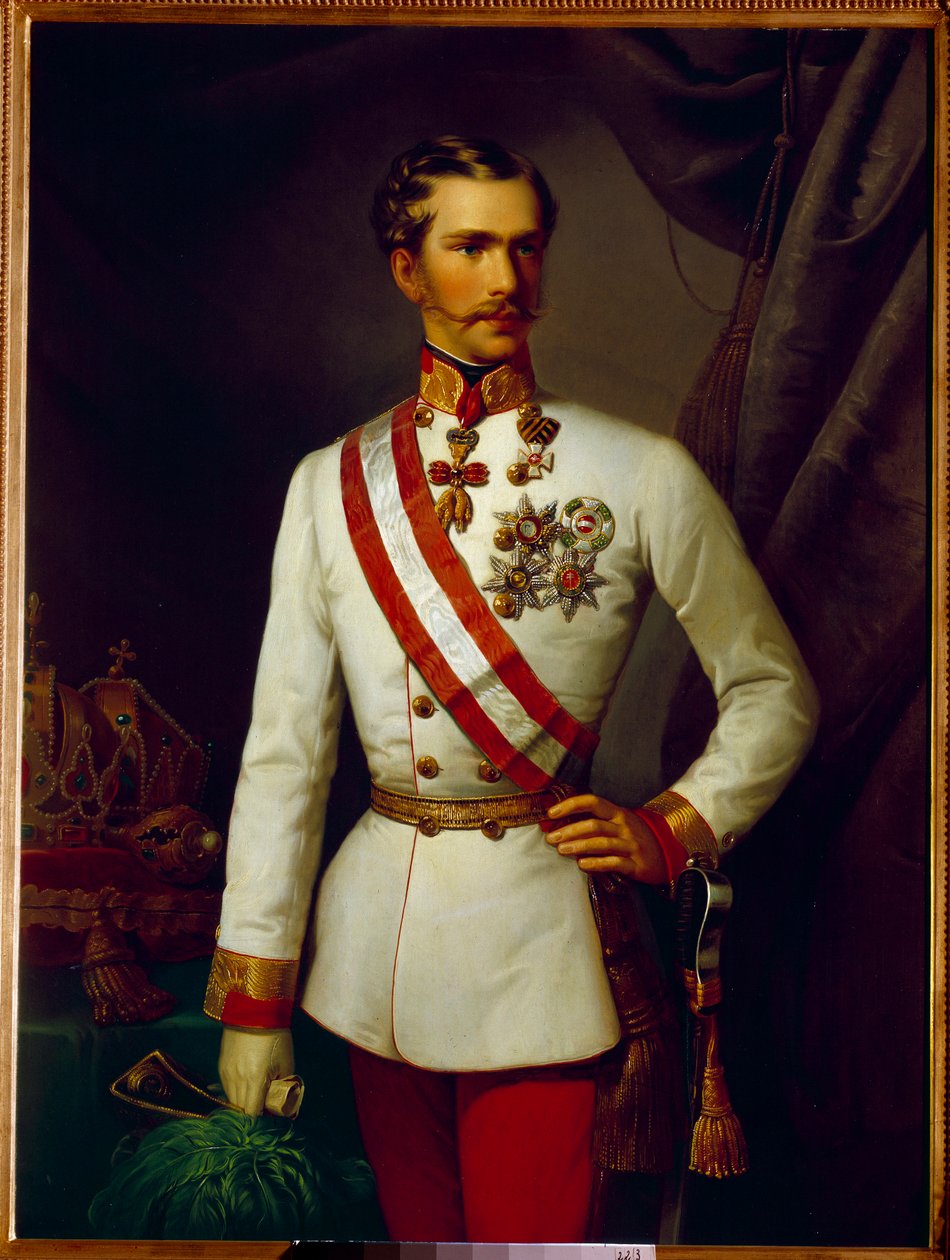 ऑस्ट्रिया के फ्रेंकोइस जोसेफ का पोर्ट्रेट औपचारिक वर्दी (1830-1916) में 28 वर्ष का था। फ्रेंकोइस ज़ेवर विंटरहेल्टर द्वारा पेंटिंग (1806-1873) द्वारा फ्रांज जेवियर विंटरहेल्टर