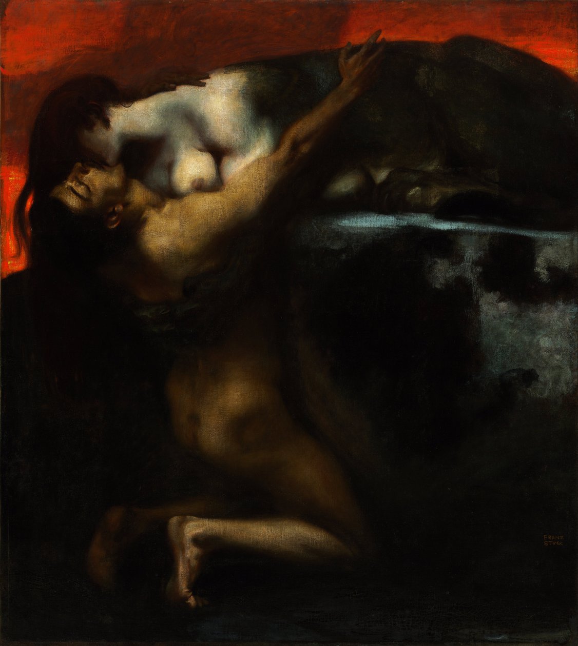 स्फिंक्स के चुंबन - Peinture डी फ्रांज रिटर वॉन Stuck (1863-1928) - 1895 - तेल कैनवास पर - 160x144,8 - Szepmuveszeti Muzeum, बुडापेस्ट द्वारा फ्रांज वॉन अटक गया