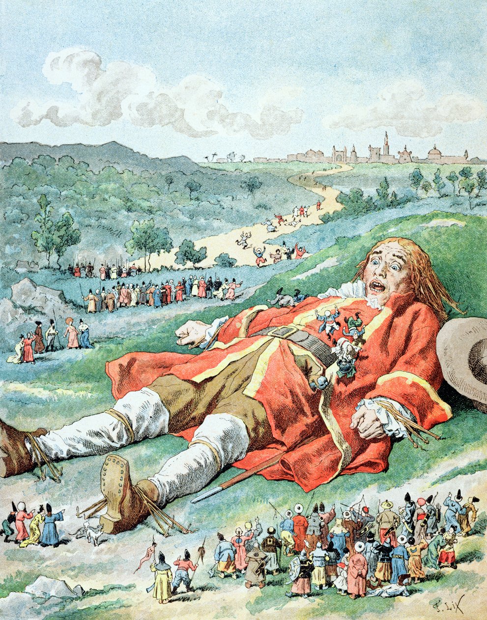 जोनाथन स्विफ्ट (1667-1745) द्वारा &39;गुलिवर्स ट्रेवल्स&39; का चित्रण, &39;&39; मैंने अपने हाथ और पैर ज़मीन से बंधे हुए पाए ... &39;&39; द्वारा फ्रेडरिक थियोडोर लिक्स