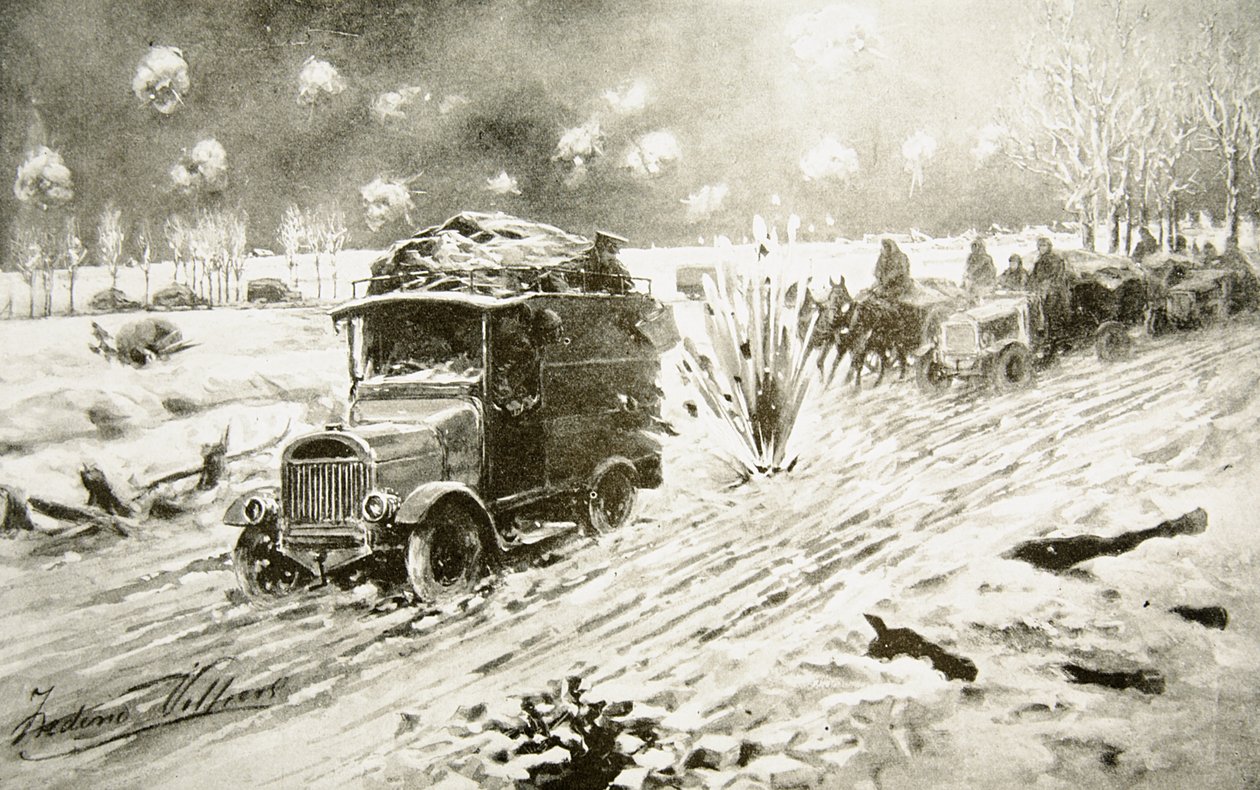 ब्रिटिश ट्रांसपोर्ट ट्रेन बर्फीली Ypres सड़कों के साथ भारी शेल आग के तहत अपना रास्ता बना रही है द्वारा फ्रेडरिक विलियर्स