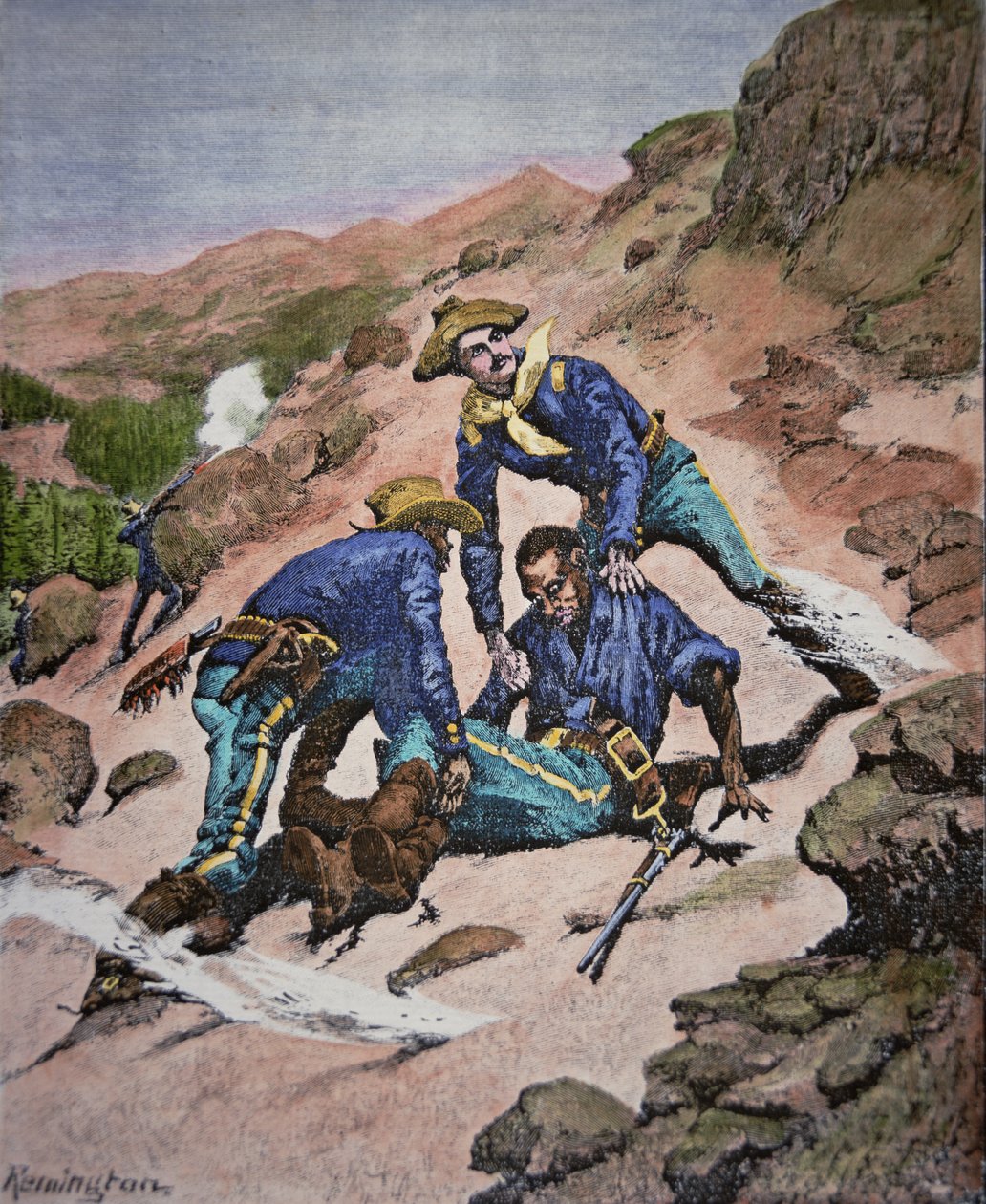 1886 के गेरोनिमो अभियान के दौरान कॉर्पोरल स्कॉट का बचाव (रंगीन उत्कीर्णन) द्वारा फ्रेडरिक (बाद) रेमिंगटन