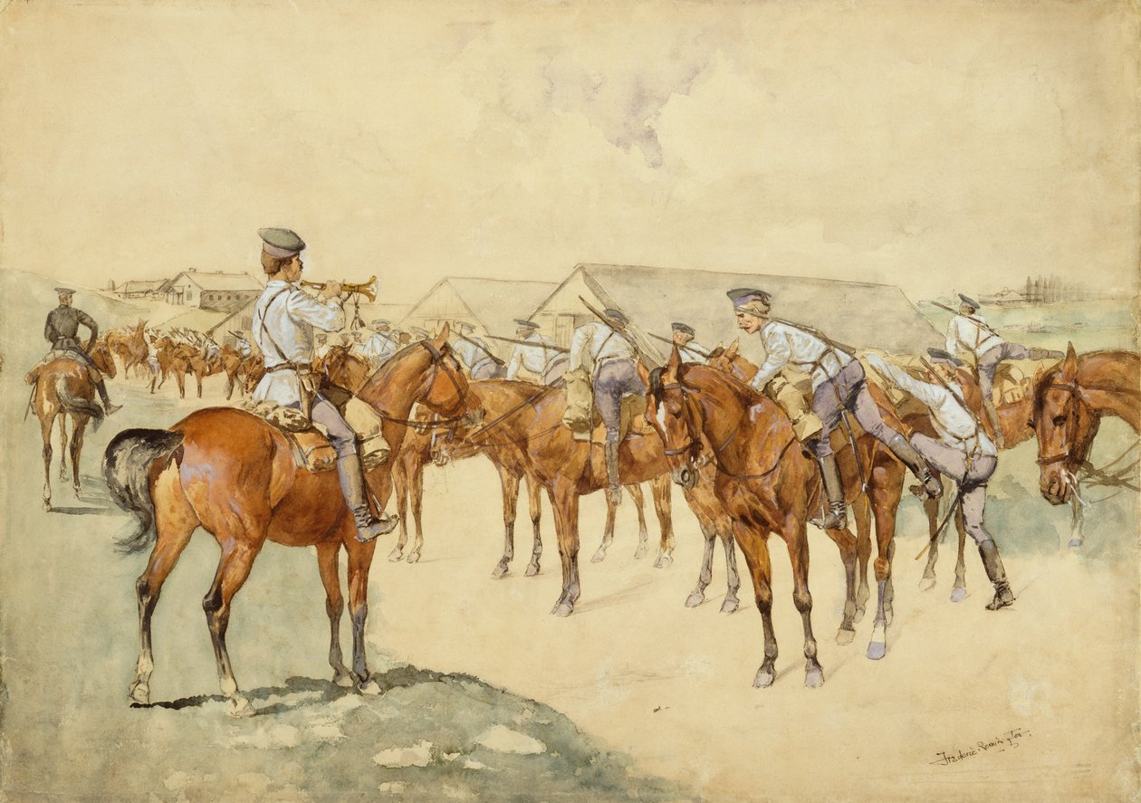 शस्त्रों के लिए एक कॉल (Dragoons, माउंट!) 1892-93 (wc, gouache, कलम और स्याही, पेंसिल और कागज पर बॉडी कलर) द्वारा फ्रेडरिक रेमिंगटन