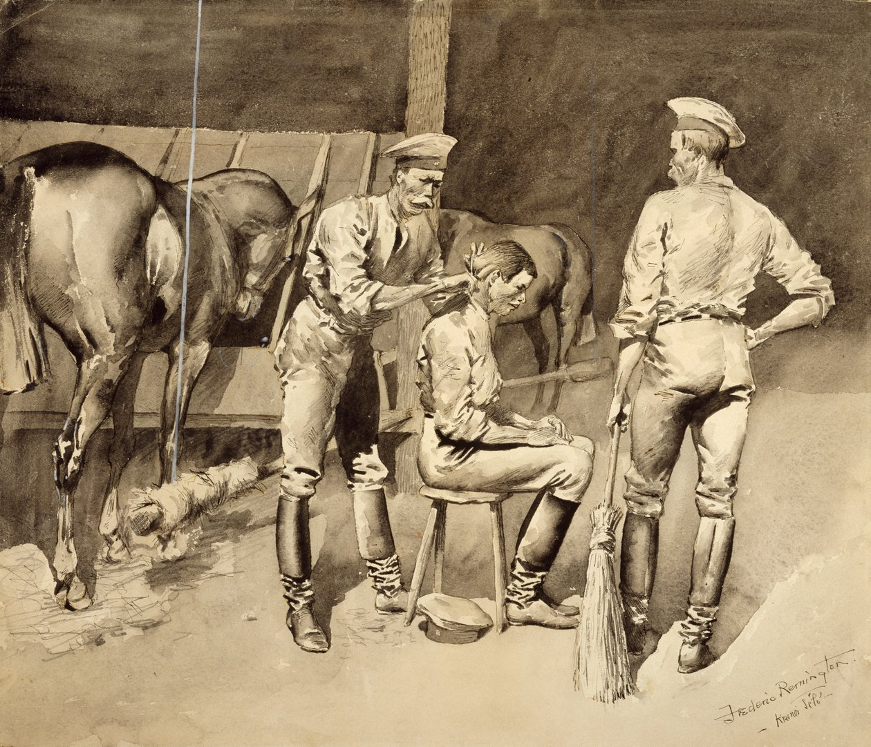 कैवेलरी स्टेबल में एक बाल कटवाने, c.1893 (कागज पर wc) द्वारा फ्रेडरिक रेमिंगटन