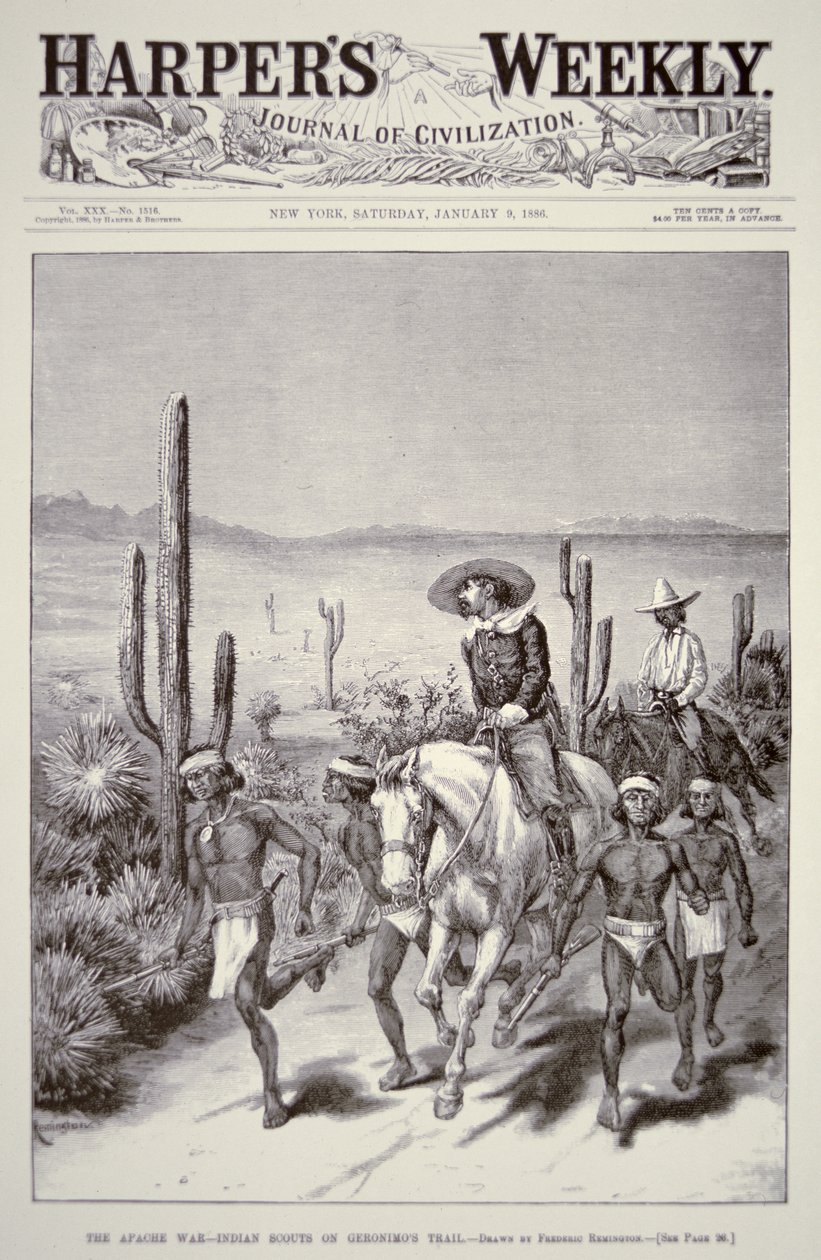 अपाचे स्काउट्स ने 9 जनवरी 1886 को 'हार्पर वीकली' से गेरोनिमो (1829-1909) का पीछा करते हुए सेना की गश्त का नेतृत्व किया (लिथो) द्वारा फ्रेडरिक रेमिंगटन