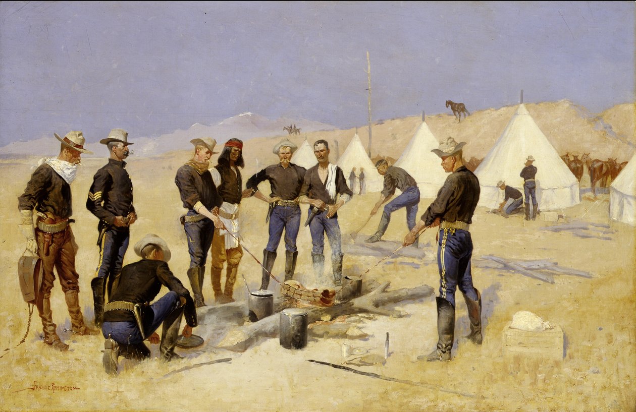 कैवलरी कैंप में क्रिसमस बीफ़ को भुनाते हुए, c.1892 द्वारा फ्रेडरिक रेमिंगटन