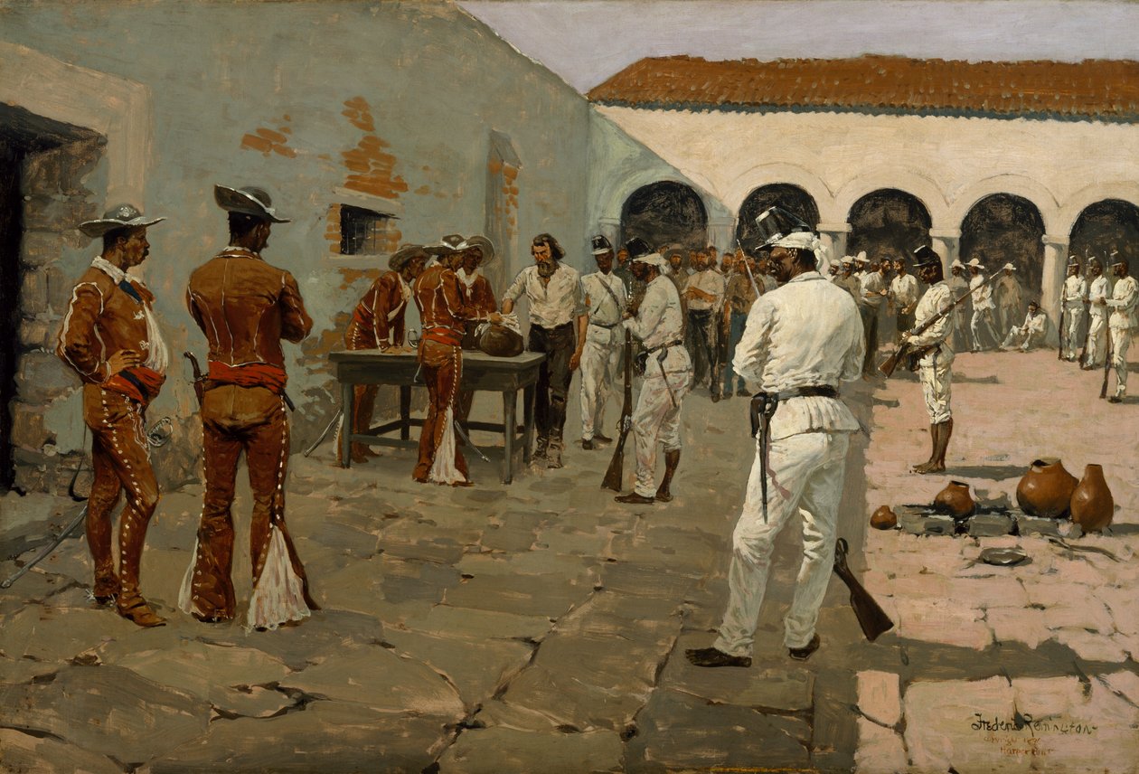 द मेयर एक्सपीडिशन: द ड्राइंग ऑफ़ द ब्लैक बीन (कैदी ड्राइंग बीन्स) 1869 (ऑयल ऑन कैनवास) द्वारा फ्रेडरिक रेमिंगटन