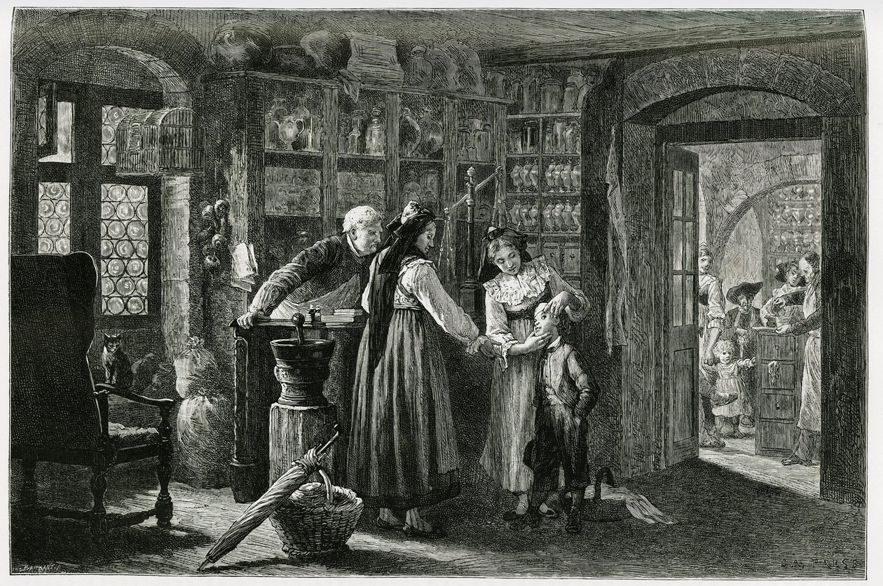 Kaysersberg (या Kaisersberg, Alsace) गाँव के फार्मासिस्ट पर, एक आपातकालीन परामर्श। 1884 में चार्ल्स ग्रैड (1842-1890), जर्मन प्रतिनियुक्त, लेखक और प्रकृतिवादी द्वारा "थ्रू अलसैस एंड लोरेन" कहानी को चित्रित करने के लिए F.Lix द्वारा उत्कीर्णन। पब द्वारा फ्रेडरिक थियोडोर लिक्स