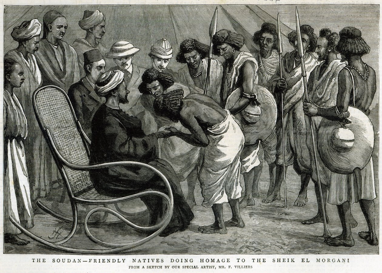 द सौदान: फ्रेंडली नेटिव्स शेख एल मोरगनी को श्रद्धांजलि, &39;द ग्राफिक&39; से, 19 अप्रैल 1884 (उत्कीर्णन) द्वारा फ्रेडरिक विलियर्स