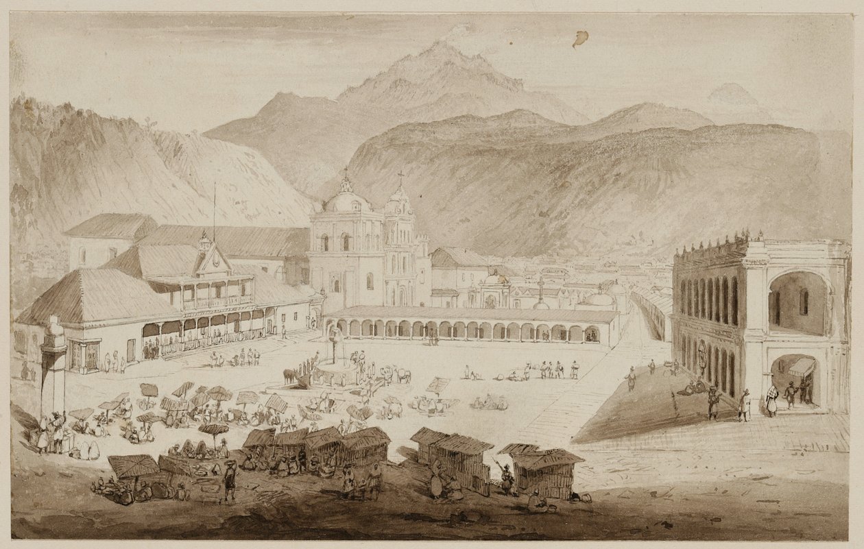 सिटी ऑफ़ क्वेज़ल्टेनैंगो, मध्य अमेरिका, 1840 (क्रीम पेपर पर धोने के साथ कलम और स्याही) द्वारा फ्रेडरिक कैथरवुड