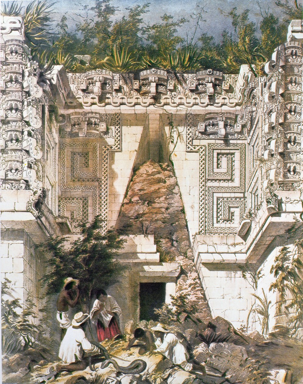 गवर्नर्स पैलेस, Uxmal, युकाटन, मैक्सिको, 1844 (रंगीन लिथो) द्वारा फ्रेडरिक कैथरवुड