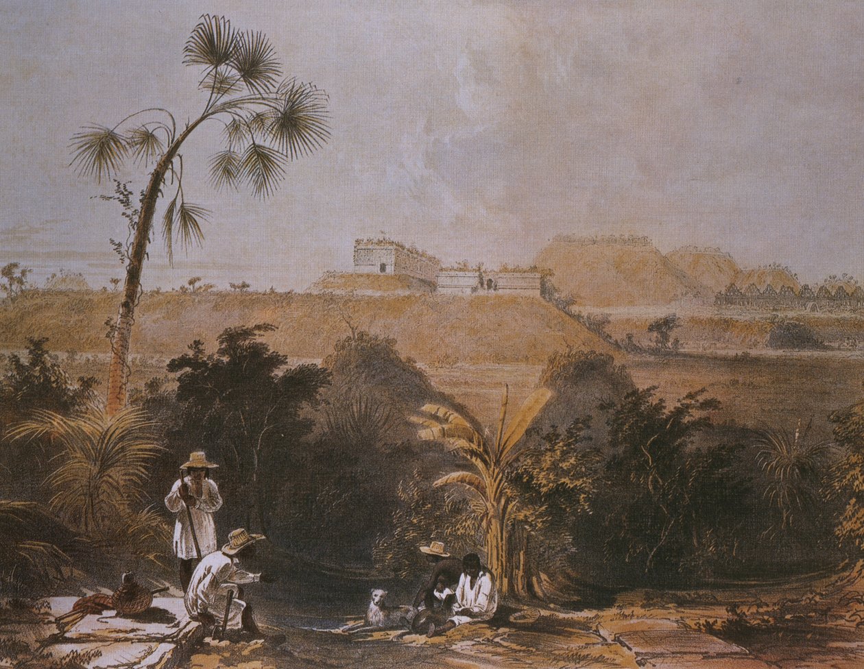Uxmal, युकाटन, मैक्सिको का नयनाभिराम दृश्य, &39;मध्य अमेरिका, चियापास और युकाटन के प्राचीन स्मारकों के दृश्य&39;, लंदन 1844 से प्रकाशित चित्र द्वारा फ्रेडरिक कैथरवुड