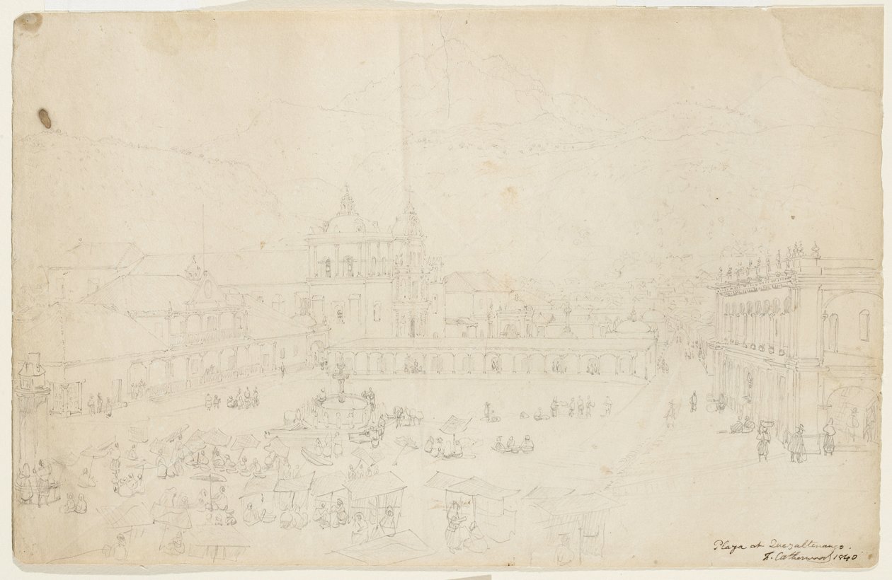 क्वेज़ल्टेनैंगो में प्लाज़ा, 1840 (क्रीम वॉव पेपर पर ग्रेफाइट) द्वारा फ्रेडरिक कैथरवुड