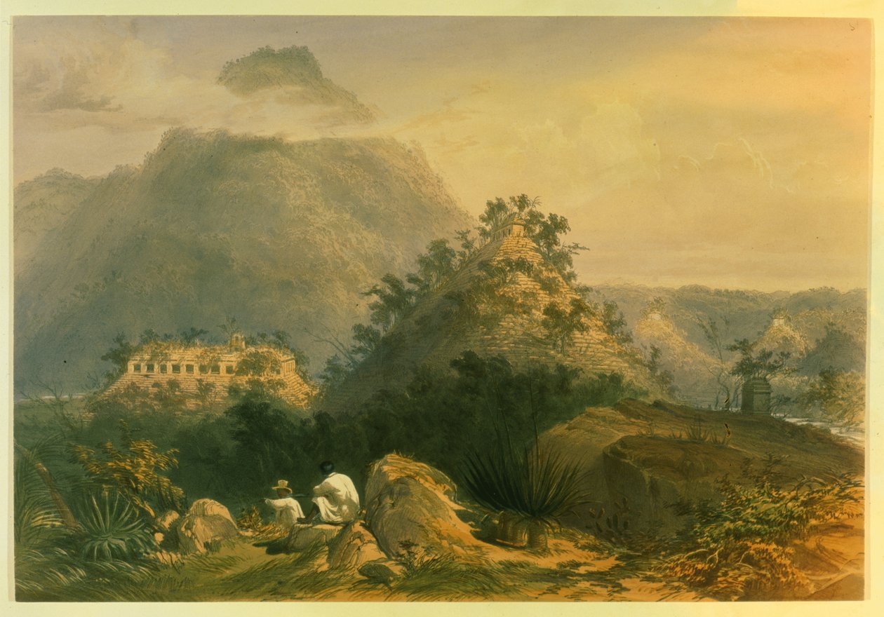 पैलेक में प्राचीन स्मारकों के दृश्य, जॉन लॉयड स्टीफेंस द्वारा 1844 में &39;मध्य अमेरिका, चियापास और युकाटन में यात्रा की घटनाएं&39; से चित्रण द्वारा फ्रेडरिक कैथरवुड