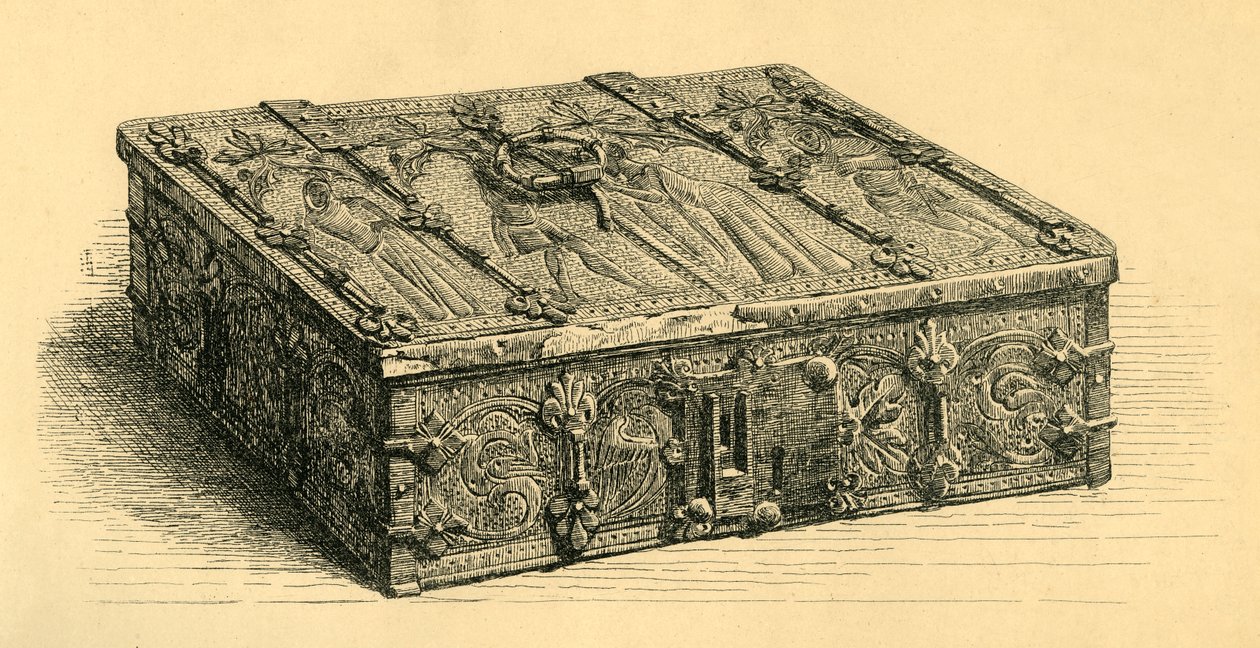 लकड़ी और चमड़े का कास्केट, 1350-1370, 1881। द्वारा फ्रेडरिक अल्बर्ट स्लोकोम्ब