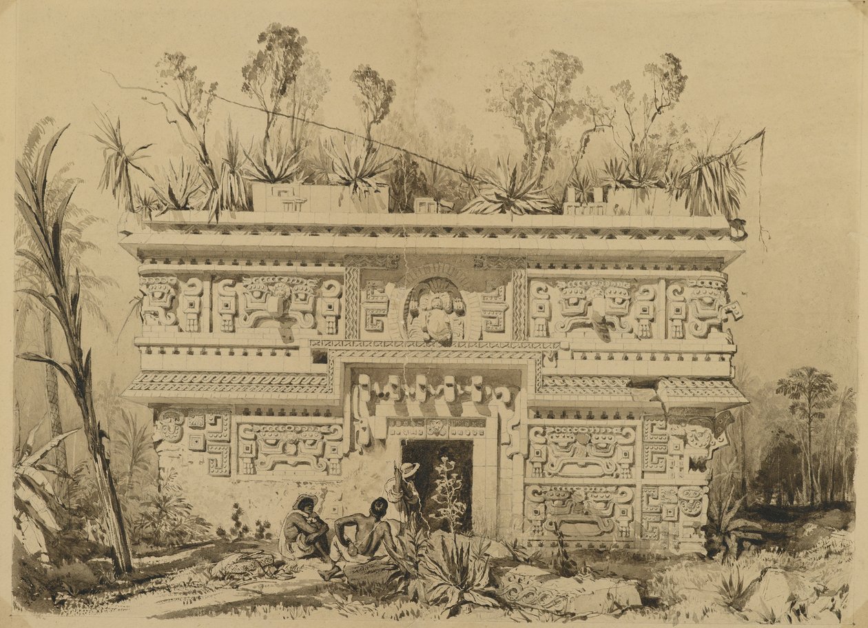लास मोंजस, चिचेन इट्ज़ा, युकाटन, 1843 (सेपिया स्याही और वॉव पेपर पर धो) द्वारा फ्रेडरिक कैथरवुड