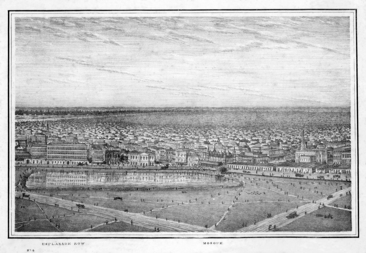 एस्प्लेनेड रो और मस्जिद, कलकत्ता, भारत का पैनोरमा, c1840s। द्वारा फ्रेडरिक फीबिग