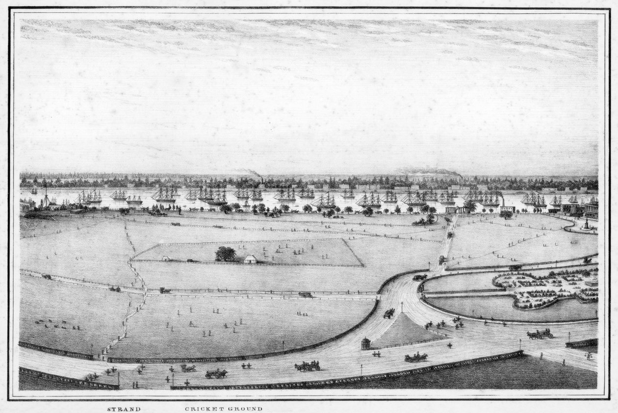 स्ट्रैंड एंड क्रिकेट ग्राउंड, कलकत्ता, भारत का पैनोरमा, c1840s। द्वारा फ्रेडरिक फीबिग