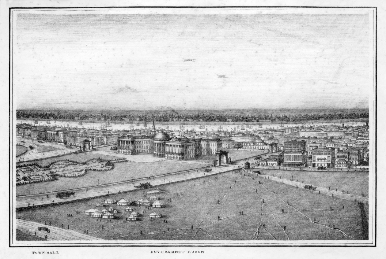 गवर्नमेंट हाउस एंड टाउन हॉल, कलकत्ता, भारत, c1840s। द्वारा फ्रेडरिक फीबिग