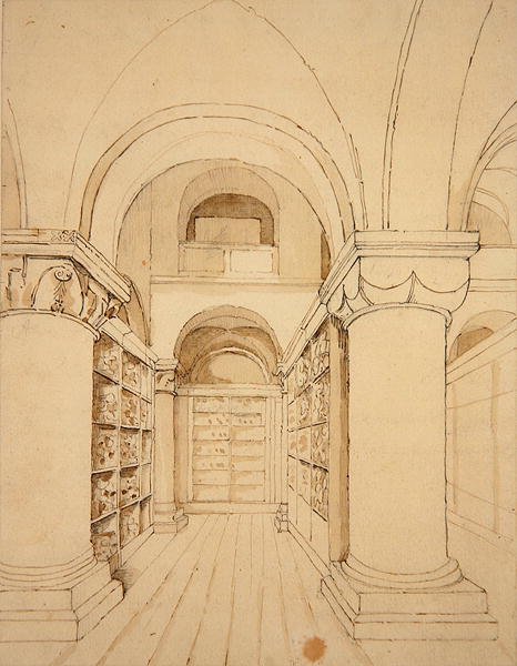 सेंट जॉन चैपल का आंतरिक दृश्य, लंदन का टॉवर, c.1810 (कागज पर कलम और स्याही से धोना) द्वारा फ्रेडरिक नैश