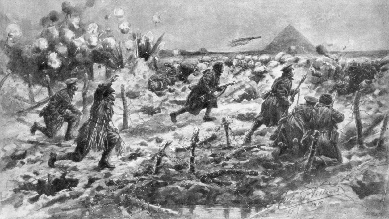 10 मार्च 1915, 1926 को संगीन और ग्रेनेड, न्यूवे-चैपल, फ्रांस का उपयोग करते हुए एक ब्रिटिश हमला। द्वारा फ्रेडरिक विलियर्स